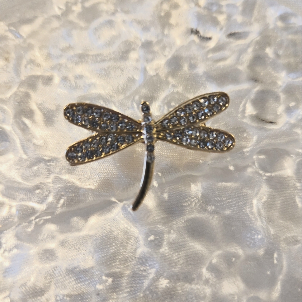 New Golden Dragonfly Brooch w/ Crystals